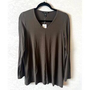Eileen Fisher Fine Jersey V-Neck Tunic Size XS Long Sleeve Brown Minimalist NEW